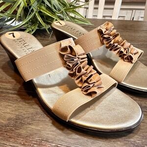 Italian Shoemakers Wedge Sandals Women Size 7 Gold Tan Ruffle‎ Elastic Slip On